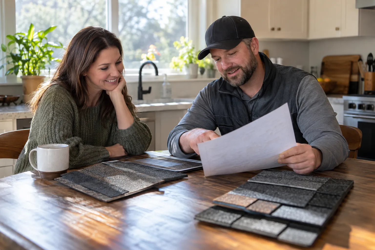 A homeowner reviewing a roof quote with a local provider in the Houston area